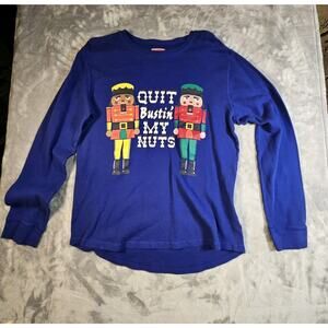 Funny Christmas Nutcracker Thermal Shirt “Quit Bustin My Nuts” Blue XL